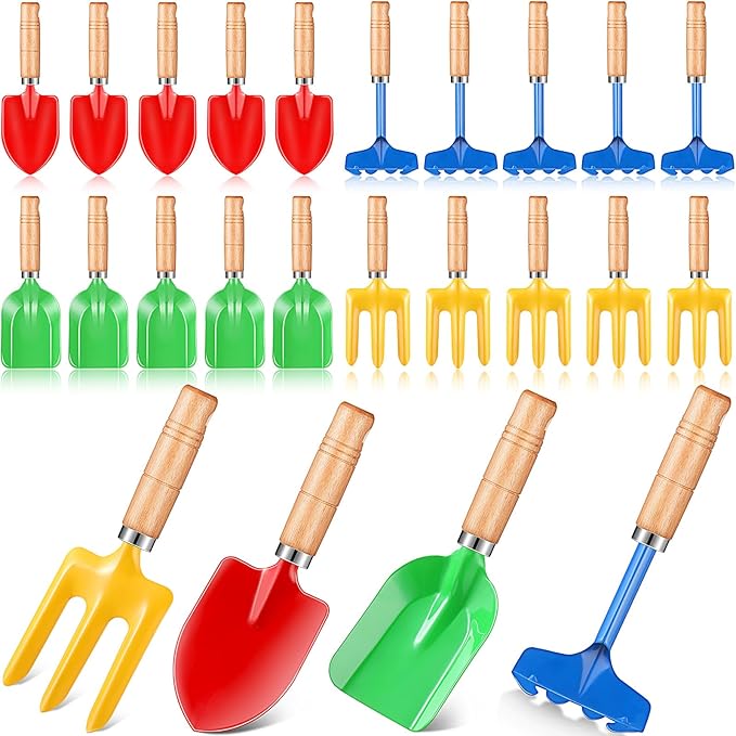 8" Kids Gardening Tools, Metal Beach Sandbox Digging Toys with Wooden Handle, Including Shovel, Rake, Fork and Trowel, Garden Sand Snow Tools for Children Gift Outdoor Gardening(48 Pcs)