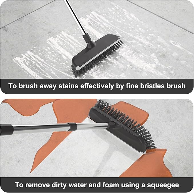 Floor Scrub Brush with Long Handle, Adjustable Stainless Steel Handle, Stiff Bristles & Rubber Squeegee Scraper, Heavy Duty Scrubber, Ideal for Cleaning Floor, Concrete, Deck, Hardwood, Patio, Tile