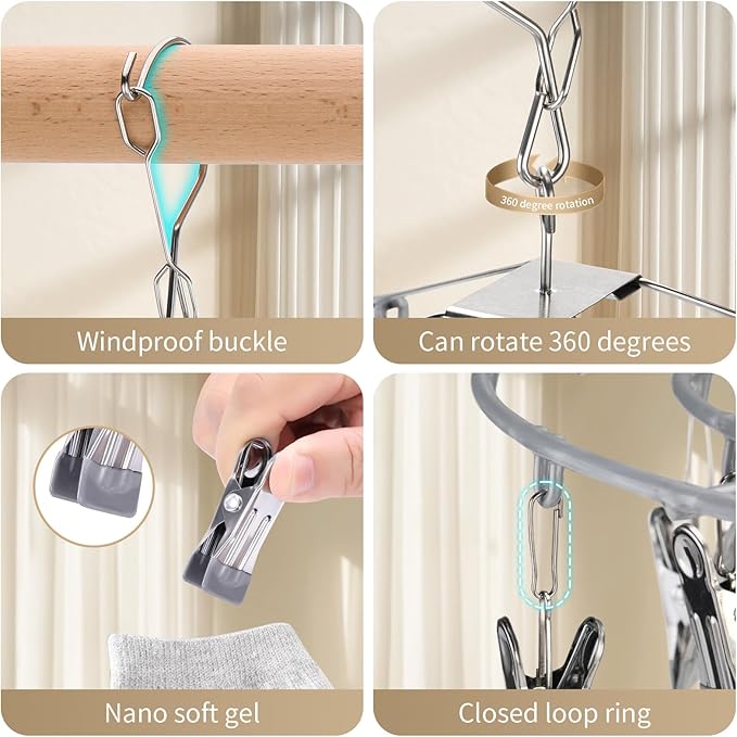 PHYDELU Clothes Drying Rack with 24 Clips， Hanger Sock Underwear Laundry Hangers Hanging Herb Dryer Ropa Socks Clothing Stainless Bras Wet Racks Secar Flower Baby Lingerie Portatil Secador Colgar