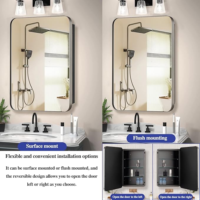 Bathroom Medicine Cabinet,16"x20" Mirror Door with Stainless Steel Brush Nickel Frame,Recessed & Surface Wall Cabinet with Removable Glass Shelves, Rust-Resistant Bathroom Storage Cabinet