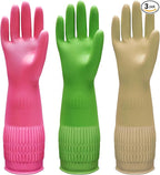 Bamllum 3 Pairs of Rubber Dishwashing Gloves for Kitchen and Household Cleaning – Long Cuff 15", Reusable, Flexible Long-lasting and Non-Slip (Red+Yellow+Green, Medium)