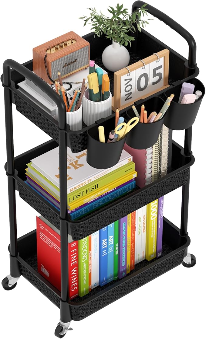 MOYIPIN 3-Tier Plastic Rolling Utility Cart with Handle,Utility Storage Cart for Office, Living Room, Kitchen,Movable Storage Organizer Shelves,Black with 3 Hanging Cups