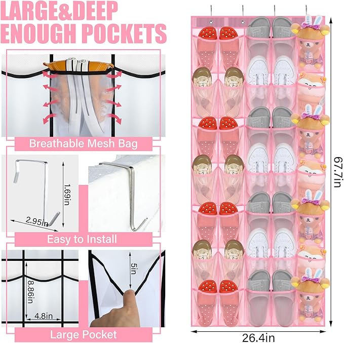 Windyun 2 Pack 40 Over the Door Shoe Organizers Large Mesh Pocket Hanging Shoe Rack for Closet Nonslip Behind Door Storage Holder Back to School Organizer for Dorm Room College Storage(Pink)