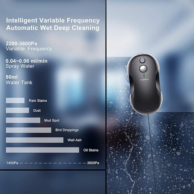 Tosima W3 Window Cleaning Robot - Dual Direction Auto-Spray Smart Window Cleaner with Triple Safety System, Smart Navigation, Remote Control, for All Smooth Surfaces, with 12 Rags, Black