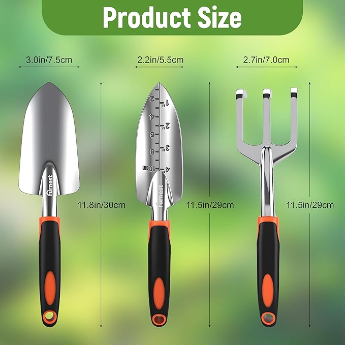 Garden Tool Set, 3 Pack Staines Steel Heavy Gardening Kit Including Hand Shovel, Transplant Shovel and Hand Rake for Planting, Digging, Weeding