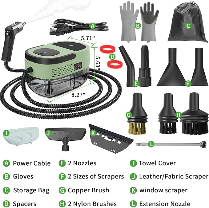 Handheld Steam Cleaner for Home, 2500W High Temperature Pressurized Machine, 1.6L Water Tank, Handle-Controlled Steam Output, Portable Cleaning Steamer for Car, Bed Bugs, Furniture, Grout (Green)