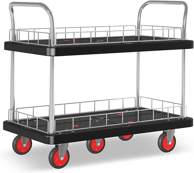 Utility Service Cart 2 Shelf - 880lbs Capacity Heavy-Duty Plastic Rolling Utility Carts with 5 of 360° Swivel Wheels and Handle, Large Service Cart for Groceries, Warehouse,Garage 43.5''x25.6''