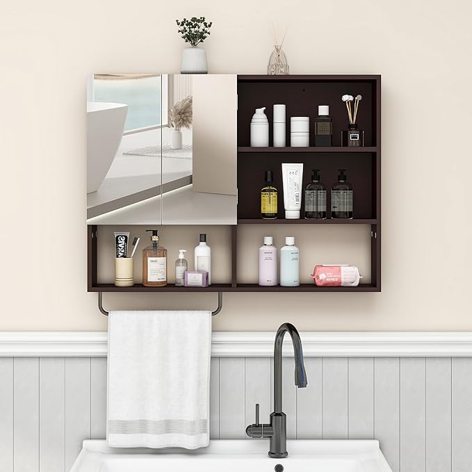 Wooden Bathroom Organizers, Over The Toilet Storage Cabinet with 2 Doors, Adjustable Shelves & Towel Bar, Wall Mounted Medicine Cabinet for Laundry with Mirror, Espresso