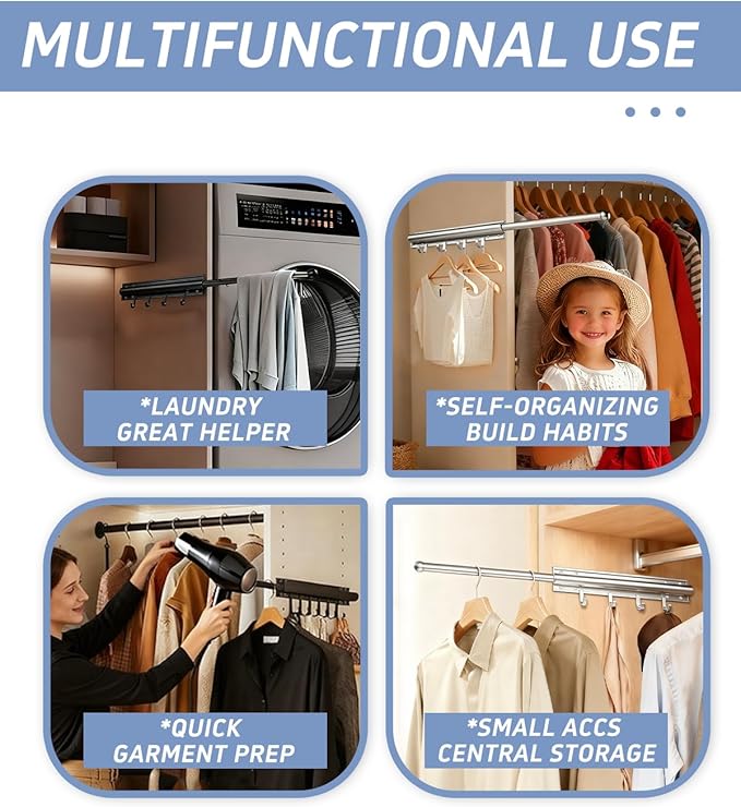 Aluminum Valet Rod, 12 in Heavy Duty Pull Out Closet Valet Rod with 4 Hooks, Adjustable Slide Out Closet Rod, Ideal for Hanging Clothes, Closet Accessories, Easy to Install (Silver)