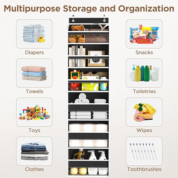 Over The Door Organizer, 6 Shelf Door Hanging Organizers with 6 Large Capacity Pockets, Behind Door Storage Hanging Shelves for Closet Wall Bathroom Bedroom Nursery