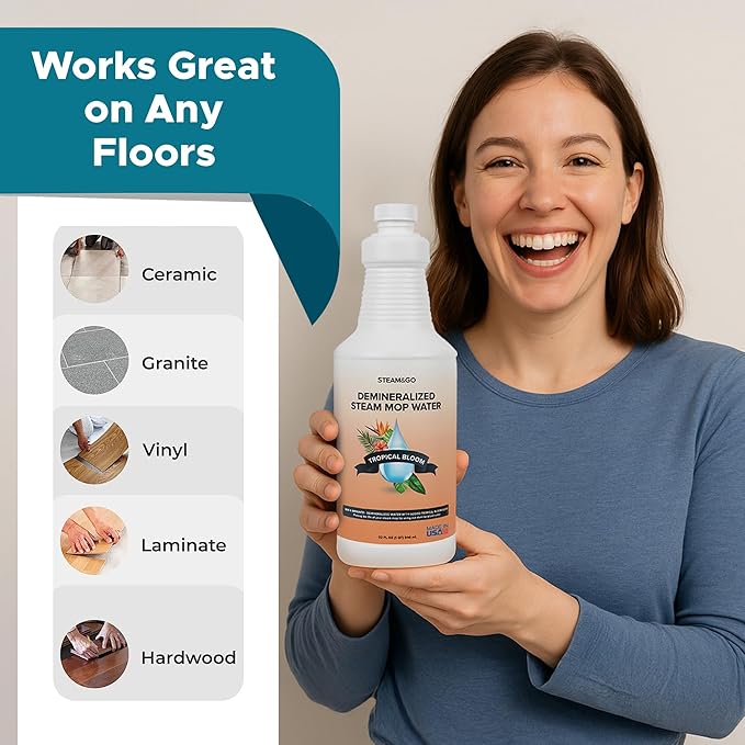 Steam & Go Demineralized Water for Steam Cleaner - PVC-Free Floor Cleaning Solution Compatible for All Steam Mops - Multi-Surface Cleaner for Home Surfaces - Tropical Bloom Scent, 32 oz (Pack of 18)