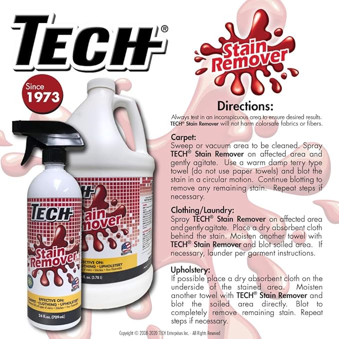TECH Multi-Purpose Stain Remover | For Carpet, Clothes, Baby, Furniture, Pet, Upholstery, Laundry, Rug Stains | Red Wine, Blood, Coffee, Armpit Stain Remover All-In-One Solution | (8 ounce Bottle)