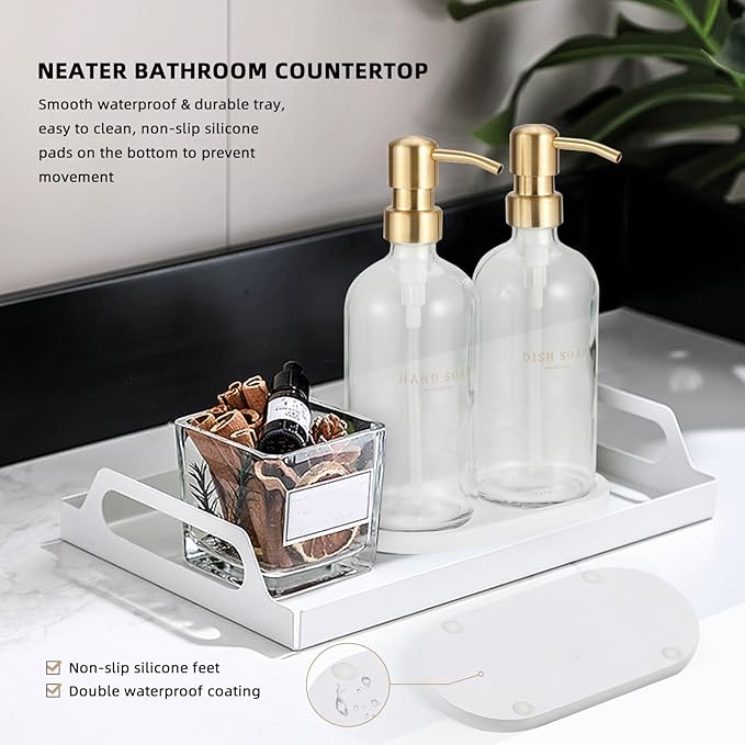 Glass Soap Dispenser - Dish Soap Dispenser for Kitchen, Hand Soap Dispenser Set, Bathroom Soap Dispenser with 304 Rust Proof Pump, Soap Dispenser for Kitchen with Tray, Clear Bottle/Gold Pump