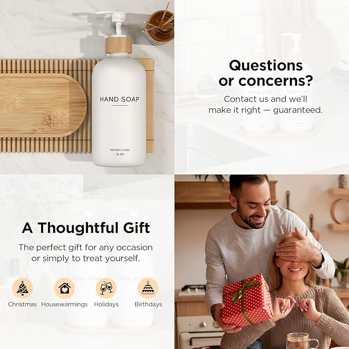 Hand and Dish Soap Dispenser Set,16oz Glass Bottles with Printed Labels, Bamboo Tray & Pump,Countertop Soap Dispensers for Kitchen,Luxury, Minimalist & Farmhouse Decor (Hand Dish (White))