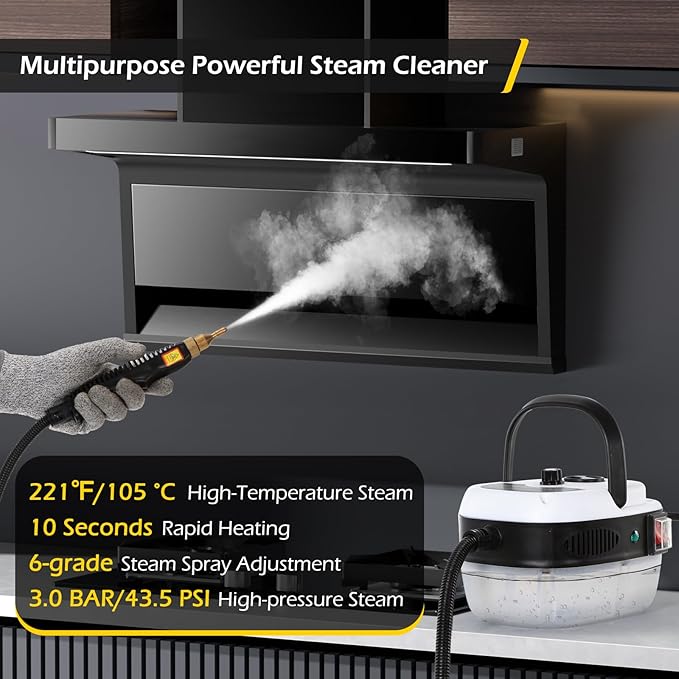 Dyna-Living Steam Cleaner 2500W Car Steamer for Auto Detailing Handheld Steamer Cleaner for Home, High Pressure Steam Cleaner with 1L Water Tank Portable Steamer for Cleaning Kitchen Hood Use