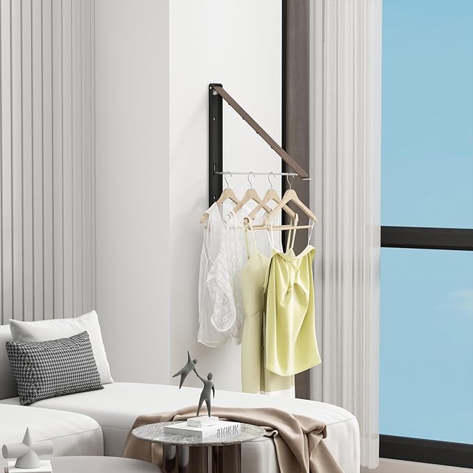 Clothes Drying Rack for Laundry Drying Rack Wall Mounted Clothes Hanger Rack Retractable Laundry Hanger Dryer Rack Space Saving Closet Organizer Aluminium (Walnut)