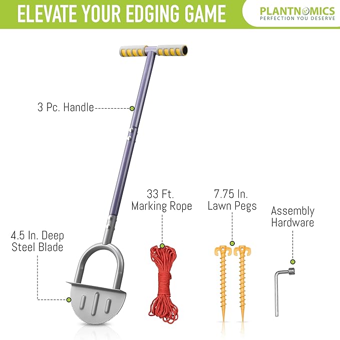 Half-Moon Edger Lawn Tool – Steel Garden Edger for Landscaping & Borders with Rope & Pegs for Precision – Saw-Tooth Manual Edger Lawn Tool with Ergonomic Rubber-Grip Handles, 39 in.