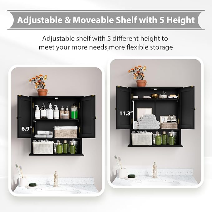Bathroom Wall Cabinet, Bathroom Cabinet Wall Mount with 2 Doors and Open Shelf, Over The Toilet Wall Storage, Wooden Medicine Cabinets
