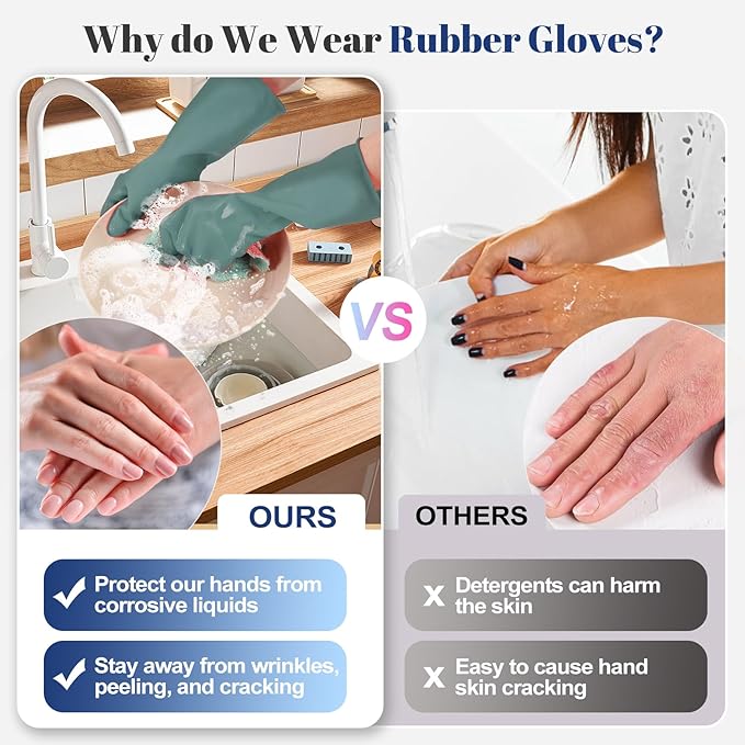 Rubber Kitchen Dishwashing Gloves - 3 Pairs Colorful Reusable Household Cleaning Gloves For Washing Dishes And Cleaning Tasks，Flexible And Durable Waterproof (Large, Dark Green+Green+Gray)