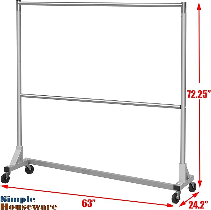Simple Houseware Commercial Grade Z-Base Double Rod Garment Rack, 600lb Load, 63 inch, Silver