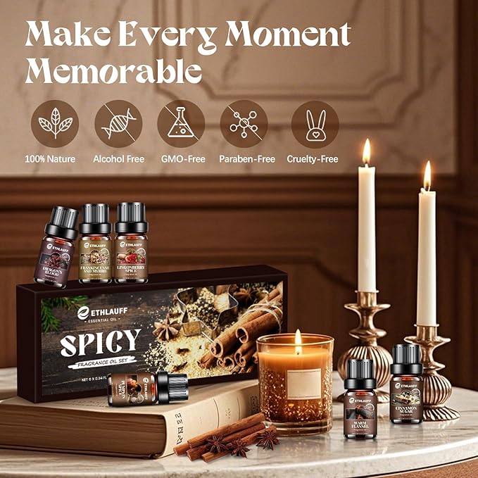 Fall Essential Oils Set, Pumpkin Spice, Frankincense & Myrrh, Cinnamon Sugar, Fall Scented Oil for Candle, Soap Making, Essential Oils for Diffuser Home 6 * 10 ml