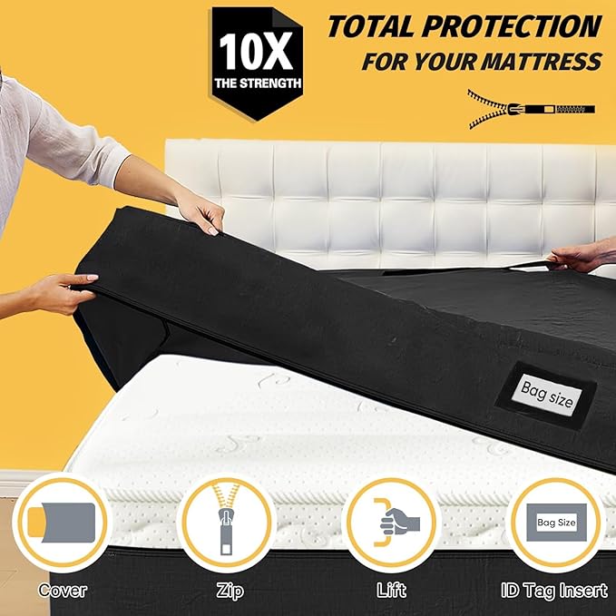 Mattress Bags for Moving and Storage, BETU Full Size Waterproof Mattress Protector Mattress Cover with 8 Heavy Duty Handles and Zipper Extra Thick Moving Supplies for Bed (2 Pack:77x57x13.5 Black)