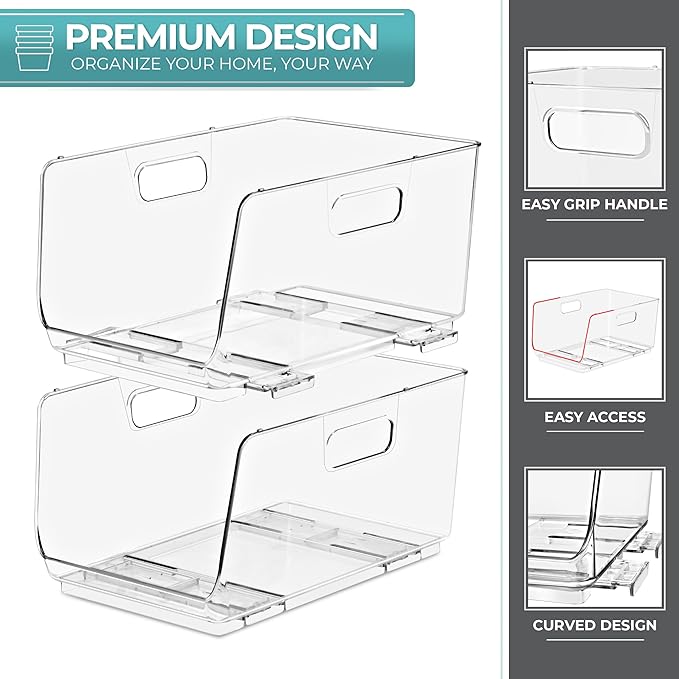 Sorbus Stackable Storage Bins Open Front - Clear Stackable Storage Bins - Pantry Bins for Storage and Organization - Acrylic Stackable Bins for Kitchen - Clear Pantry Organizer Bins (Medium 2 Pack)