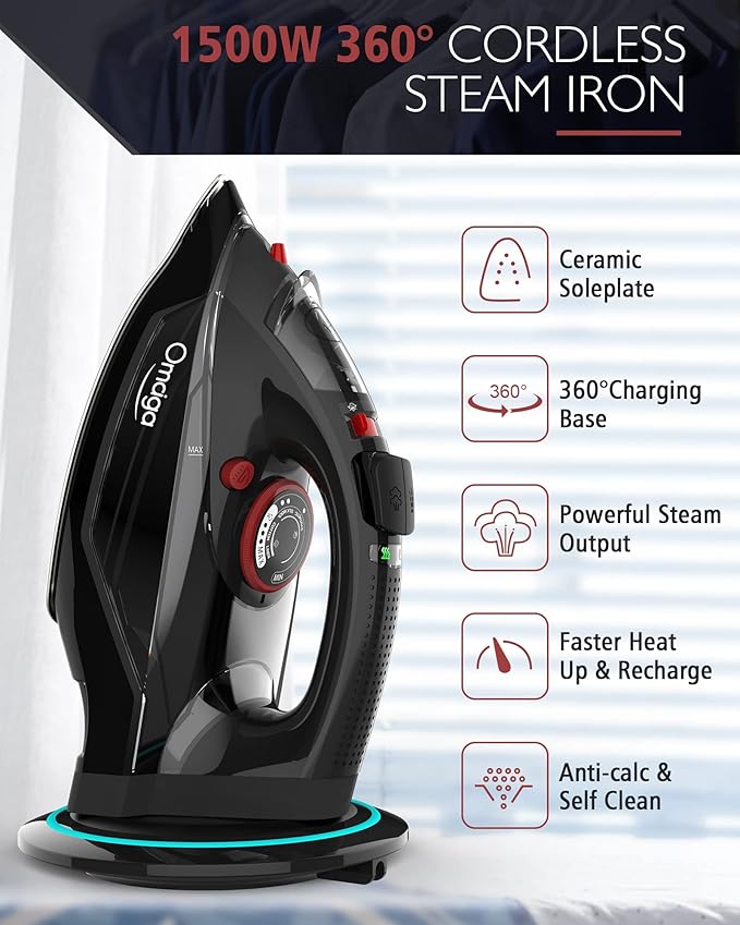 Cordless Iron for Clothes, 1500W Steam Iron Rapid Heating, Non-Stick Ceramic Soleplate, Auto Shut Off, Burst of Steam, Self-Clean, Anti Drip, 3 Temperature Settings, 11.84oz Water Tank, Black
