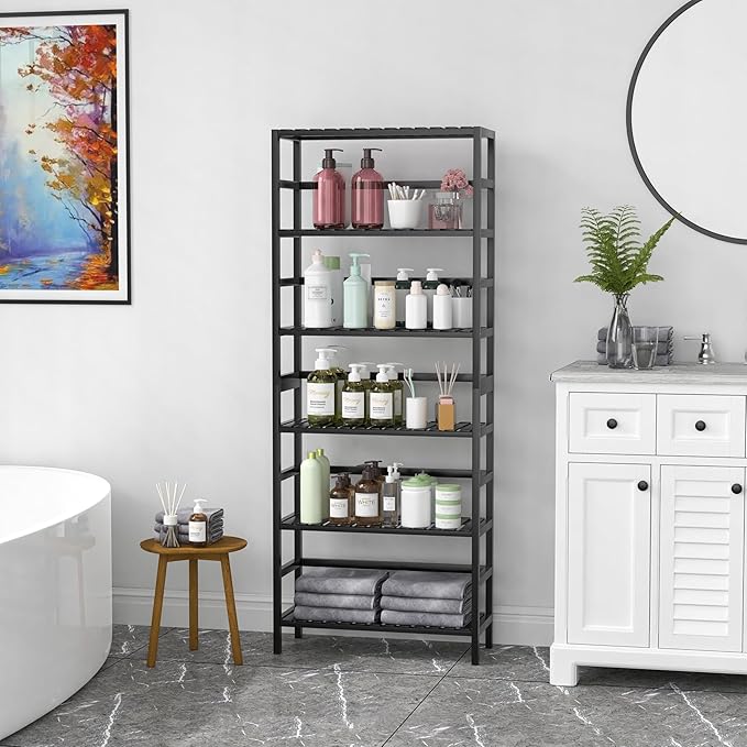 VASMIA 6-Tier Bamboo Shelf,Bamboo Storage Shelving Unit,Tall Bookcase with Adjustable Shelves,Multipurpose Storage Display Shelf for Bathroom, Living Room, Balcony, Kitchen,Black