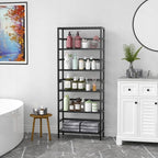 VASMIA 6-Tier Bamboo Shelf,Bamboo Storage Shelving Unit,Tall Bookcase with Adjustable Shelves,Multipurpose Storage Display Shelf for Bathroom, Living Room, Balcony, Kitchen,Black