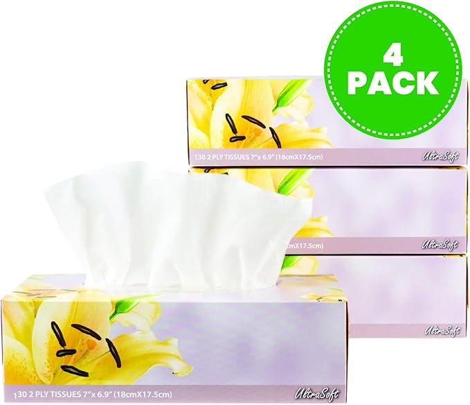 Facial Tissues 130 Per Box, Size 7" X 6.9" 2 Ply, Great for Bathroom, Office, Store, School, Home, Kitchen, Or in Your Car & in Every Room (Pack of 4, 520 Tissues total)