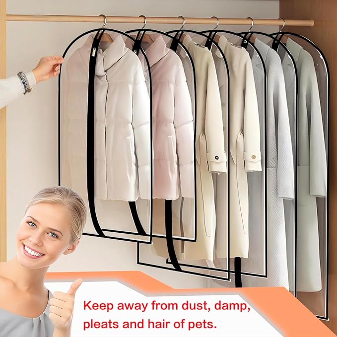 Clear Garment Bags (24'' x 48'' Set of 6) Clothes Covers for Closet Storage Closet Cover for Open Closet Hanging Clothes Travel Bag Clothes Bags with Zipper Gown Garment Bag for Long Dresses