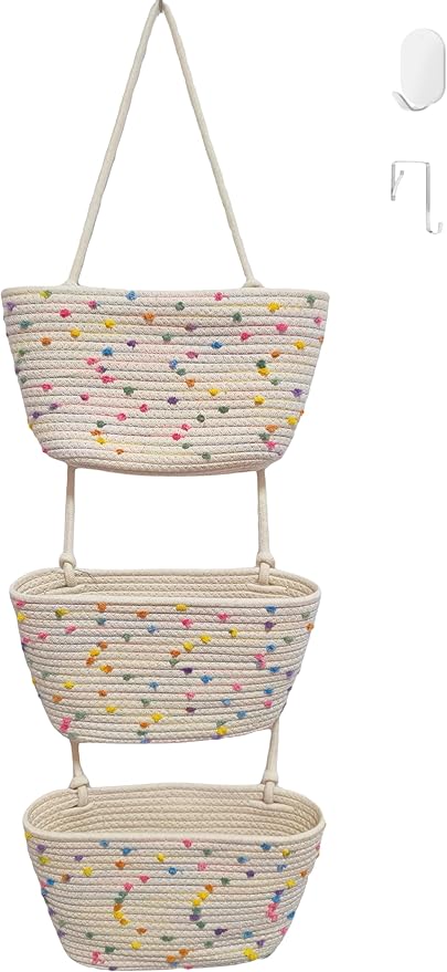 Nursery Storage Must-Have! 3-Tier Cotton Hanging Baskets with Colorful Dots - Over-the-Door Organizer for Baby Clothes, Toys & Essentials
