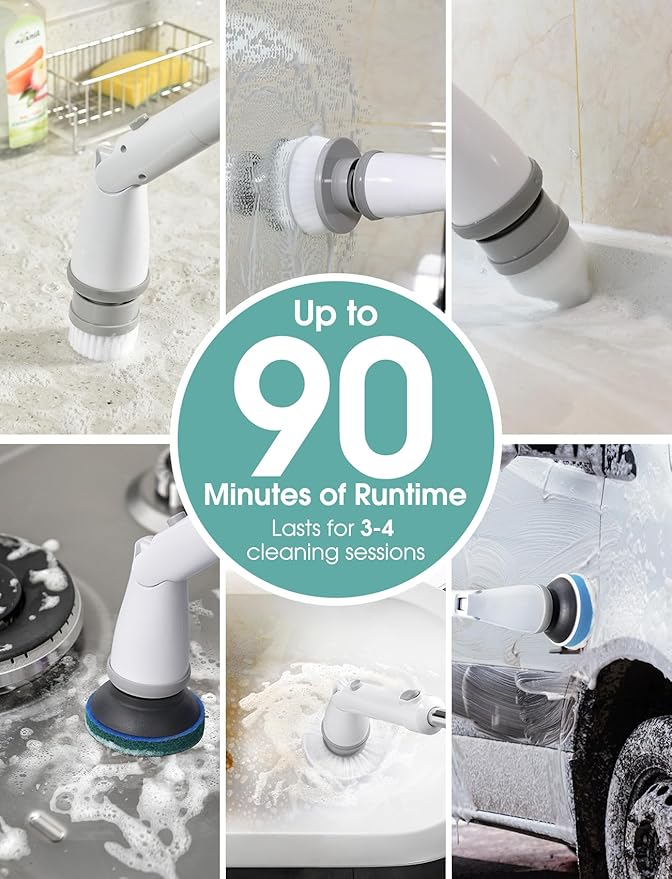 Sweepulire Electric Spin Scrubber SW1, Shower Scrubber with Long Handle, 2 Spin Speeds, Electric Bathroom Scrubber with 8 Replacement Heads, Bath Tub Cleaner Brush for Floor, Tub, Shower, Tile