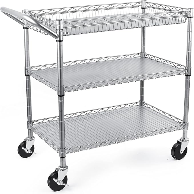 WDT Heavy Duty 3 Tier Utility Cart,990Lbs Capacity Wire Rolling Cart with Wheels, Commercial Grade Service Cart with Shelving Liners and Handle Bar Metal Carts for Kitchen Office Hardware, NSF Listed