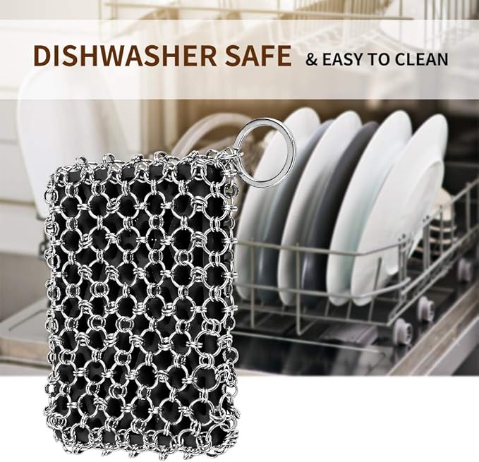 Herda 316L Cast Iron Scrubber Cleaner, Large Chainmail Scrubber for Cast Iron Pan - Chain Mail Scrubber Cast Iron Sponge - Metal Cast Iron Skillet Scrubber, Wok, Dutch Oven Cast Iron Cleaning Kit