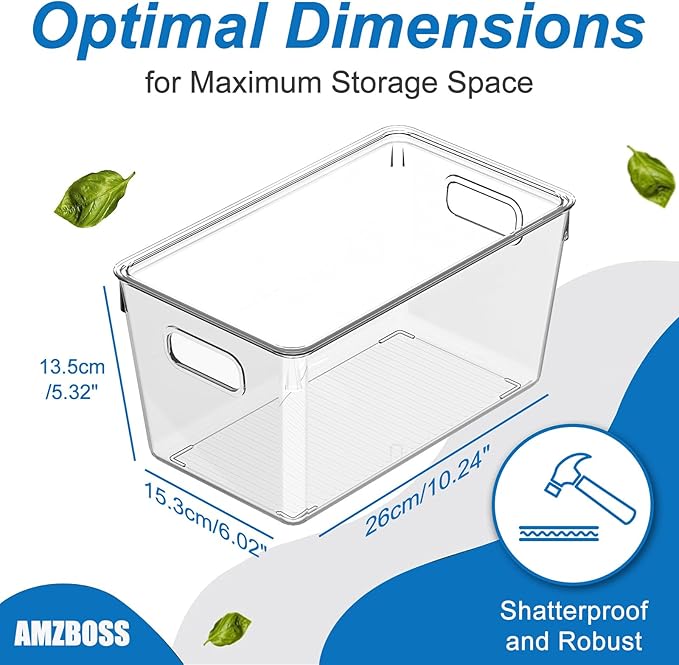 4 Pack Plastic Storage Bins with Lids, Clear Stackable Organizer with Handle, Kitchen Pantry Organizers and Storage, Perfect for Pantry, Refrigerator, Fridge, Bathroom, Cabinet, Closet, Kitchen