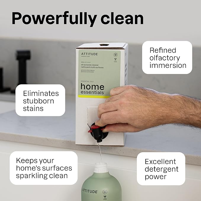 ATTITUDE All-Purpose Cleaner Spray, Natural Origin Ingredients, EWG Verified, Ammonia-Free, Removes Fingerprints, Dust and Dirt, Streak-Less, Geranium & Lemongrass, 26 Fl Oz