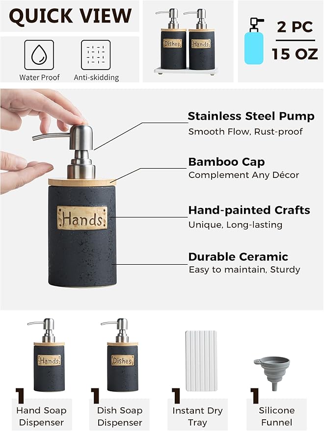Kitchen Soap Dispenser Set, Ceramic Hand and Dish Soap Dispenser for Bathroom, Includes Instant Dry Tray, Collapsible Funnel, 15 Oz, Black