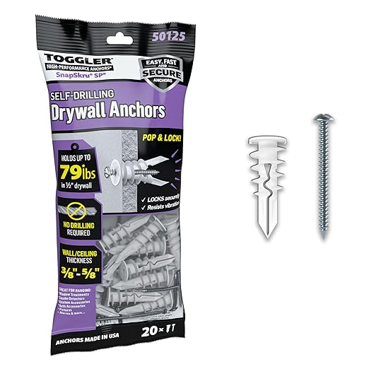 TOGGLER SnapSkru SP Self-Drilling Drywall Anchor for Hollow Walls, Made in The USA, Pack of 20-5/8-in L x 3/8-in Dia Standard Drywall Anchor (Screws Included)