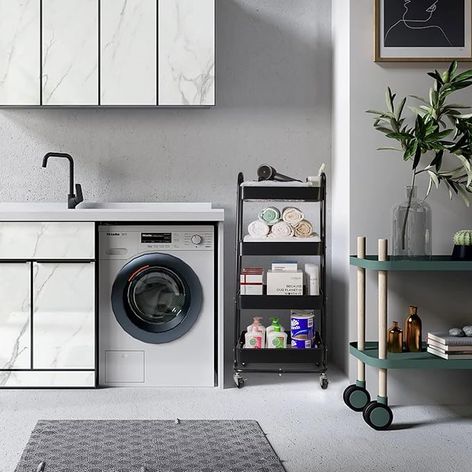 elabo 4-Tier Metal Mesh Utility Rolling Cart, Storage Organizer Trolley Services Cart with Lockable Wheels for Kitchen, Bathroom, Living Room (Black)