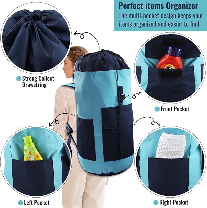 Laundry Bag Backpack, 125L Extra Large Travel Laundry Bags with Shoulder Straps, Adjustable & Extendable Design, Laundry Hamper Bag with 3 Pockets for Laundromat, College, Travel, Camping