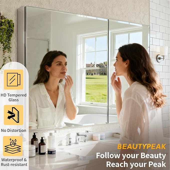 BEAUTYPEAK Bathroom Medicine Cabinet Mirror with Storage, 36 Inch x 26 Inch Silver Medicine Cabinet with Double Door & Adjustable Shelves for Vanity, Tempered, Aluminum Surface, Wall-mount or Recessed