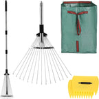 Leaf Rake Set: Adjustable Metal Leaf Rake with Expandable Head, 53 Gallon Reusable Collapsible Leaf Bag & Leaf Scoops Pick Up - Garden Leaf Collector Bag Holder Tools Lawn Yard Waste Cleaning