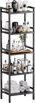 HITNET 5 Tier Narrow Bookshelf, Bamboo Bookcase, Slim Tall Storage Rack Free Standing Shelving Unit with Adjustable Shelves for Living Room Bedroom Bathroom, Black