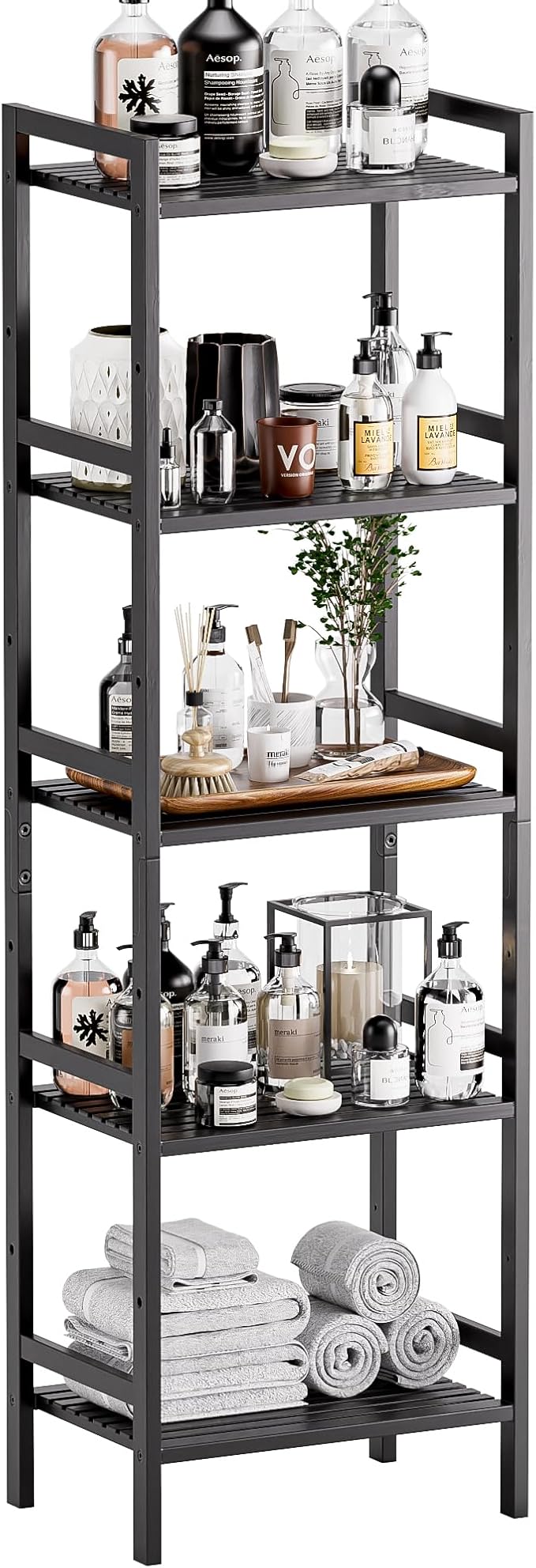 HITNET 5 Tier Narrow Bookshelf, Bamboo Bookcase, Slim Tall Storage Rack Free Standing Shelving Unit with Adjustable Shelves for Living Room Bedroom Bathroom, Black