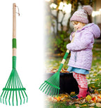 Kids Friendly Rakes for Leaves - 28" Child Size Small Rake with Durable Metal Head & Hardwood Handle, Real Lawn Garden Yard Tools for 3+ Years Kids Enjoy Helping Work Gifts (Green)