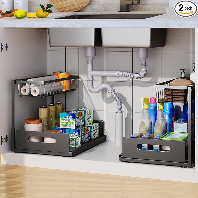 2 Pack Under Sink Organizer, 2 Tier Under Sink Organizers and Storage Multi-Purpose Under Sink Storage for Bathroom Kitchen (Black)