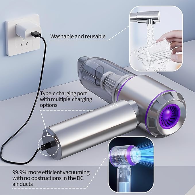 Mini Cordless Handheld Car Vacuum Cleaner/Air Duster/Blower/Hand Pump, 21000 PA High Power Brushless Motor, Portable Keyboard Vacuum Cleaner with Multi-Nozzles for Home, Office, Computer(Purple)