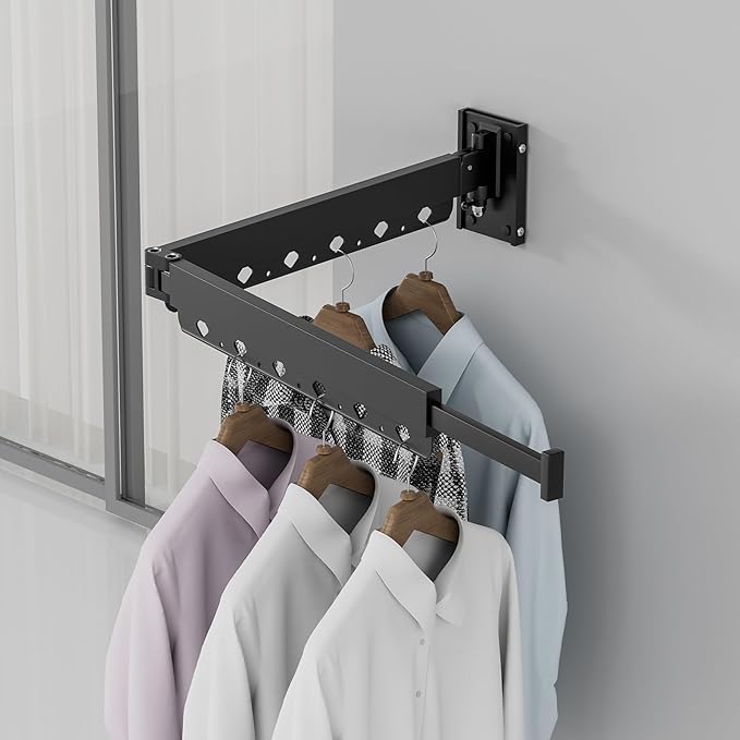 Clothes Drying Rack, Retractable and Foldable Laundry Drying Rack Wall Mount for Indoor, Space Saver Clothes Hanging Rack for Laundry Room, Balcony, Closet, Bedroom(Double-Fold), Black